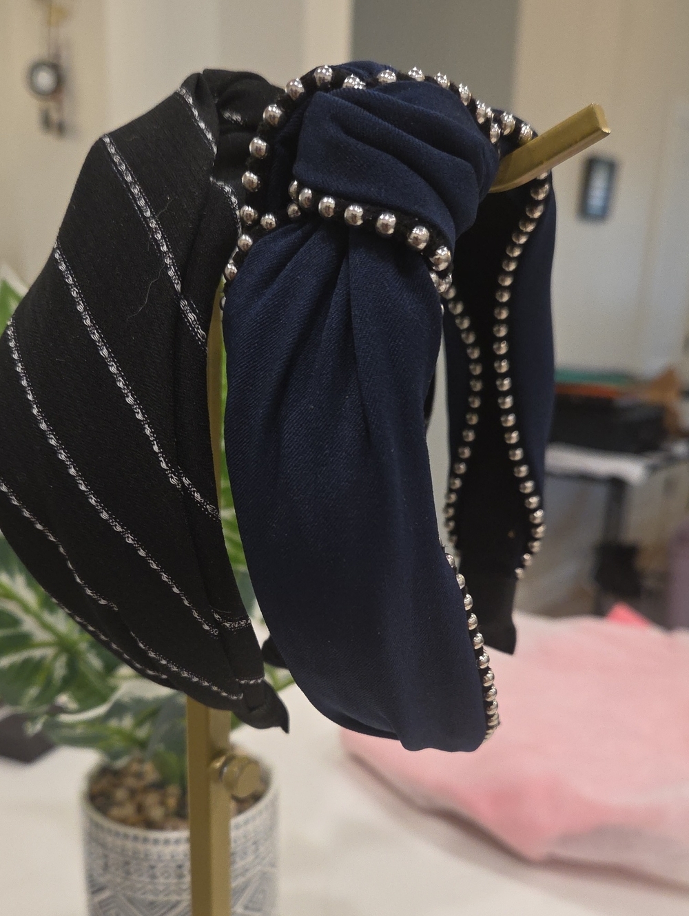 Beaded Trim Navy Knotted And Black Strioed Headband Duo- Women Accessories